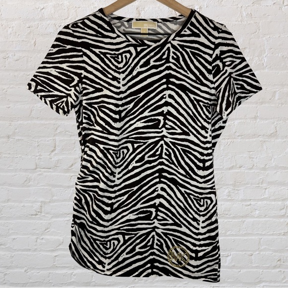 Michael Kors Black and White Zebra Print Tee, Size S - Picture 1 of 8